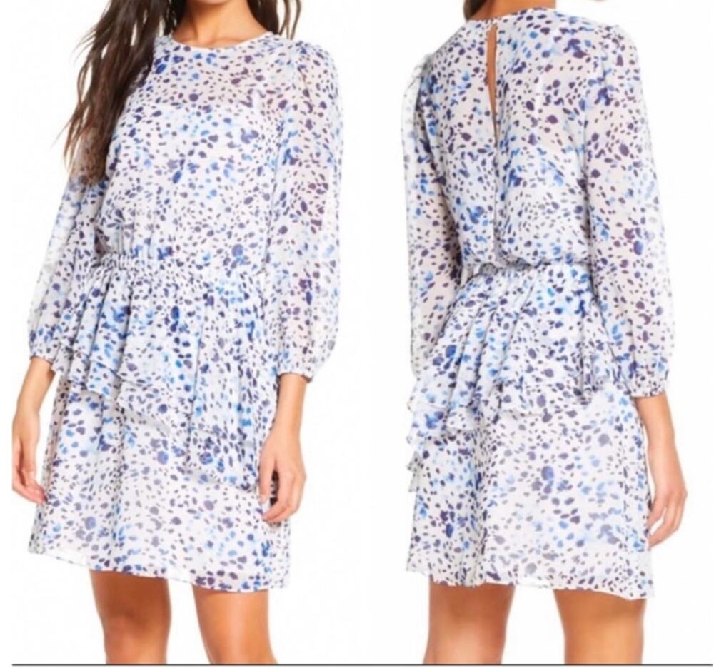 Eliza J dress white blue chiffon speckled ruffles